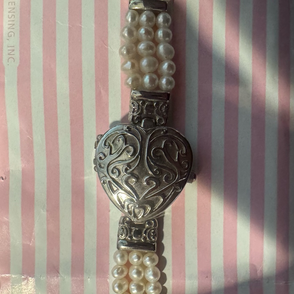 Brighton Pearl Strap Heart Locket watch excellent condition needs battery